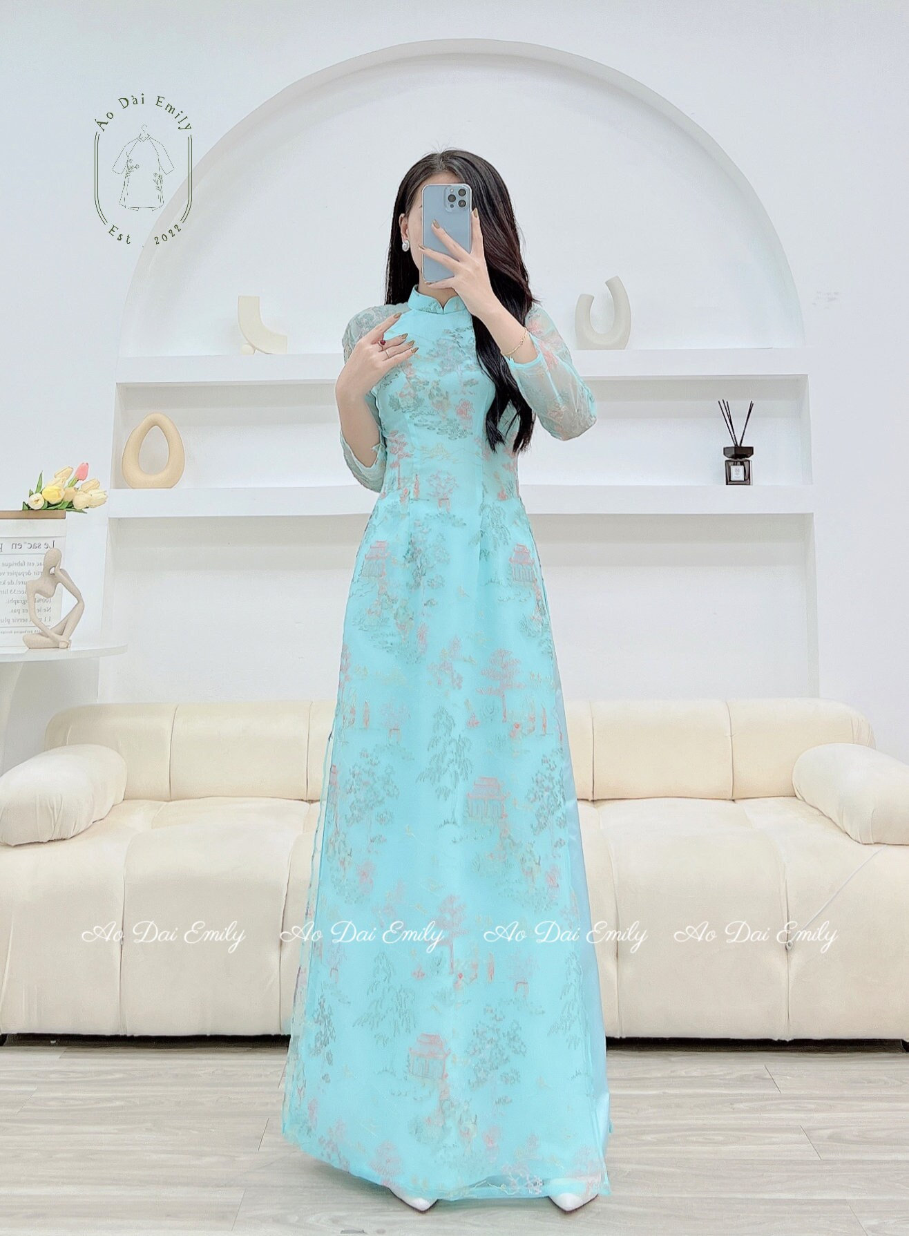Double layers Baby Blue embroidery flowers Ao dai | Ao dai for women| Vietnamese long dress| Modernized Ao dai| No pants