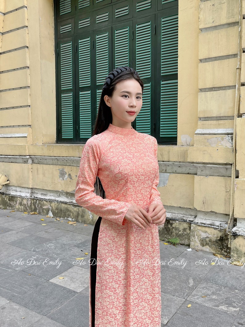 áo dài lụa Tuyet Mai màu hồng cam Pre made ao dai Viet Nam Vietnamese long dress Ao dai for women No pants image 3