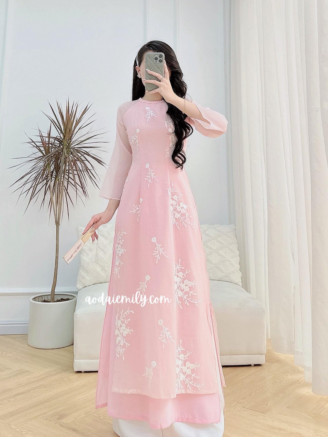 TIANA Pink double layers modern ao dai with embroidery flowers| áo dài cách tân| No pants| Ao dai women| S-8XL