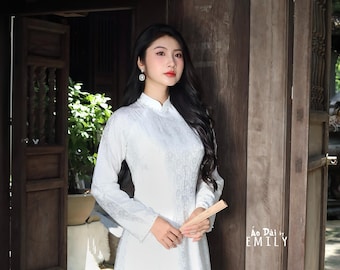 DAISY White Mulberry silk Ao Dai| Double layers Mulberry silk ao dai| Ao dai special events| White Ao dai for brides| No pants|S-6XL