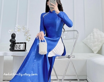 FRANKIE Sapphire Blue ao dai with simple crystals rhinestones| áo dài Vietnam| Ao dai women| uniform ao dai| No pants| 4D silk