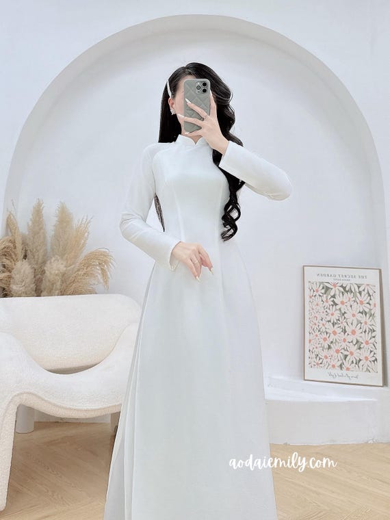 Plain White Double Layers AO Dai| Pre-Made Vietnamese Long Dress | Plain White Color | No Pants| Uniform AO Dai| S-6xl