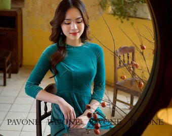Ao dai Nhung (very stretchy) |Blue velvet ao dai| Pants included. Pre-made ao dai, Vietnamese long dress, Pre-made ao dai for women