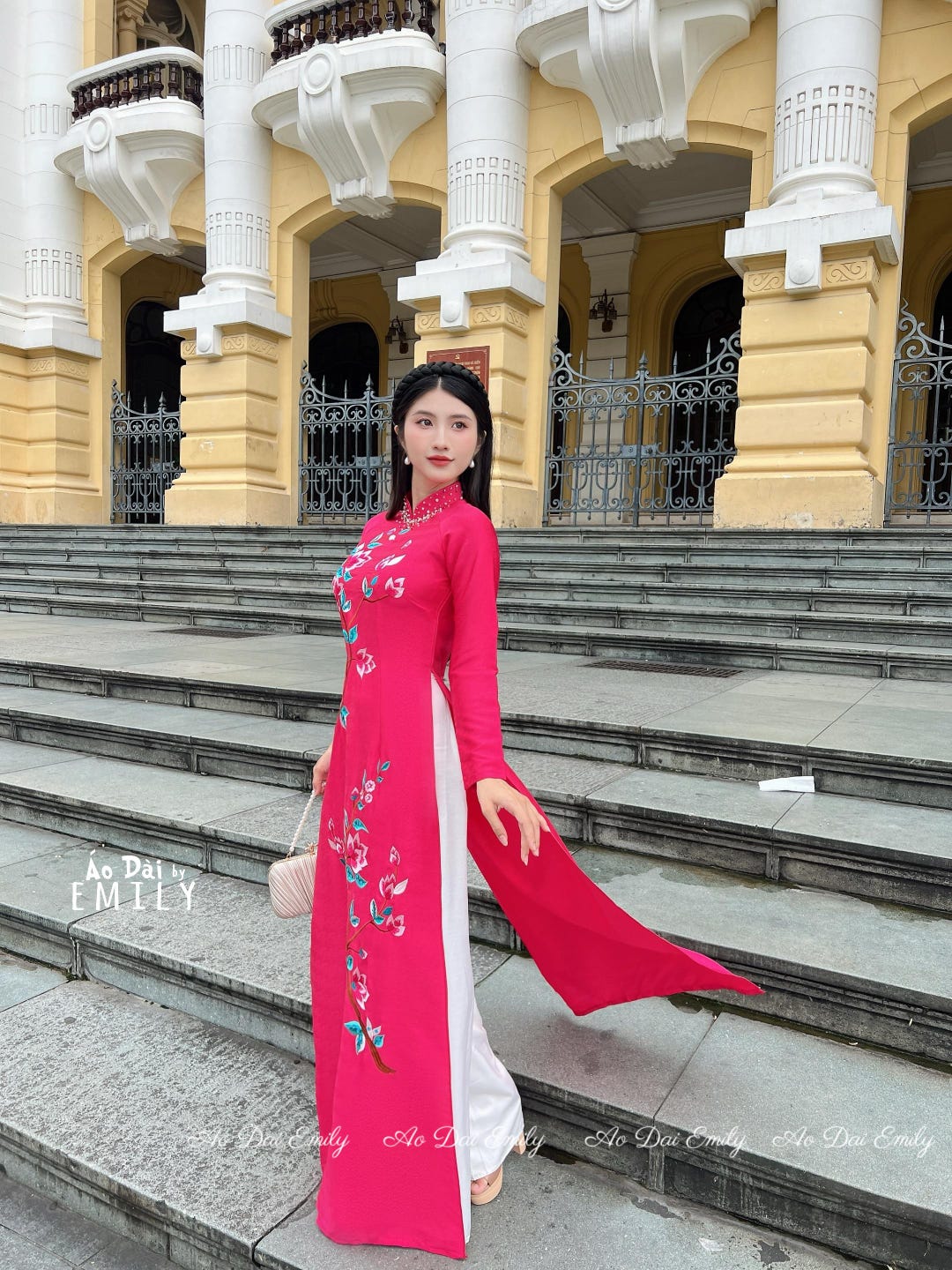 Ao Dài Lụa Thêu Hoa W 3d Flowers N Crystals Pre Made Embroidery Ao Dai