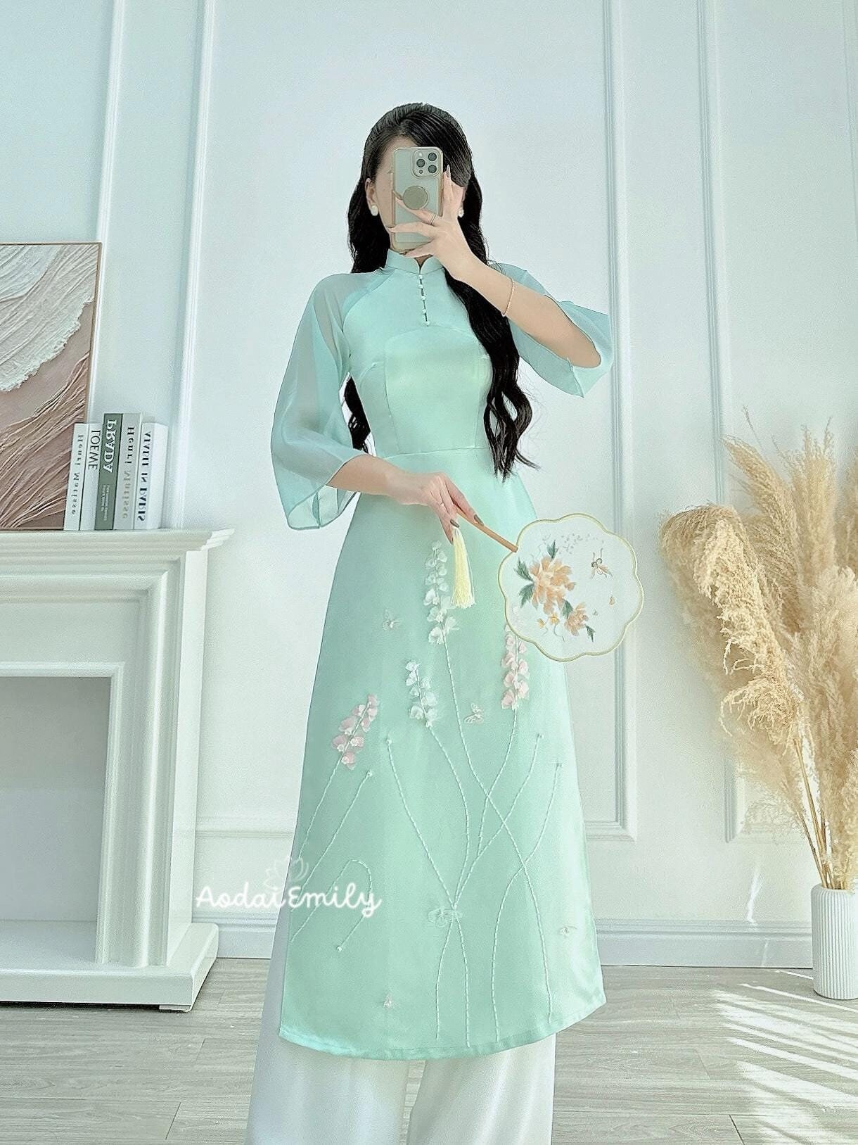 green emerald velvet dress Green Silk Qipao with Cherry Blossom Embroidery main image 1