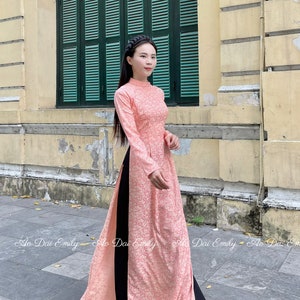 áo dài lụa Tuyet Mai màu hồng cam Pre made ao dai Viet Nam Vietnamese long dress Ao dai for women No pants image 2