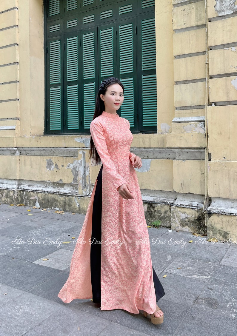 áo dài lụa Tuyet Mai màu hồng cam Pre made ao dai Viet Nam Vietnamese long dress Ao dai for women No pants image 2