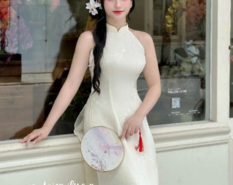 Motifs de fleurs brodés crème sans manches Préfabriqués ao dai |  | Ao dai yếm Femmes| Pas de pantalon| P-3TG