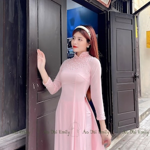 HAISLEY Double layers chiffon Ao Dai Set with pearls and crystals Pre-made Long Dress | Plain pastel pink| With pants