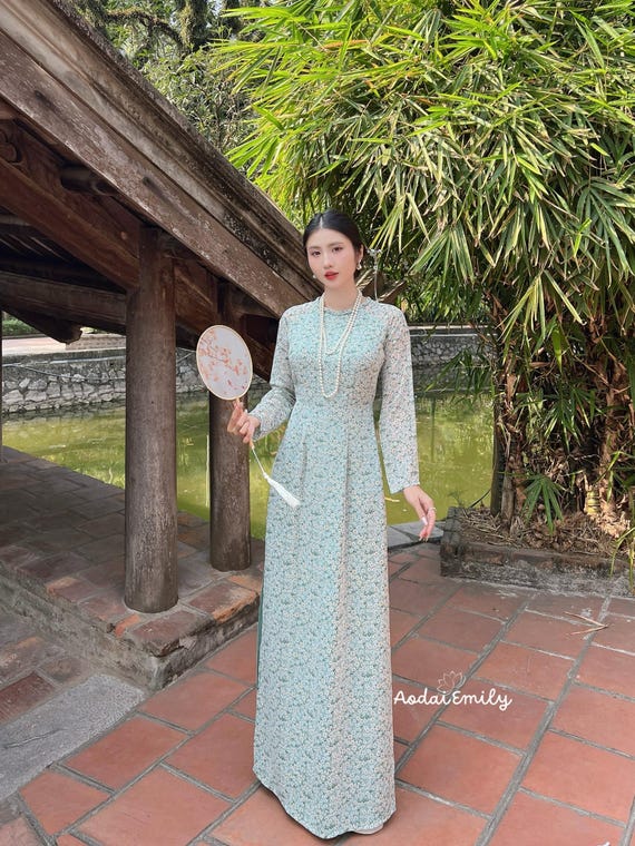 Mini Daisy Flowers Pre-Made Silk AO Dai | Double Layers AO Dai for Women| AO Dai Viet Nam| Vietnamese Long Dress| No Pants |HN139