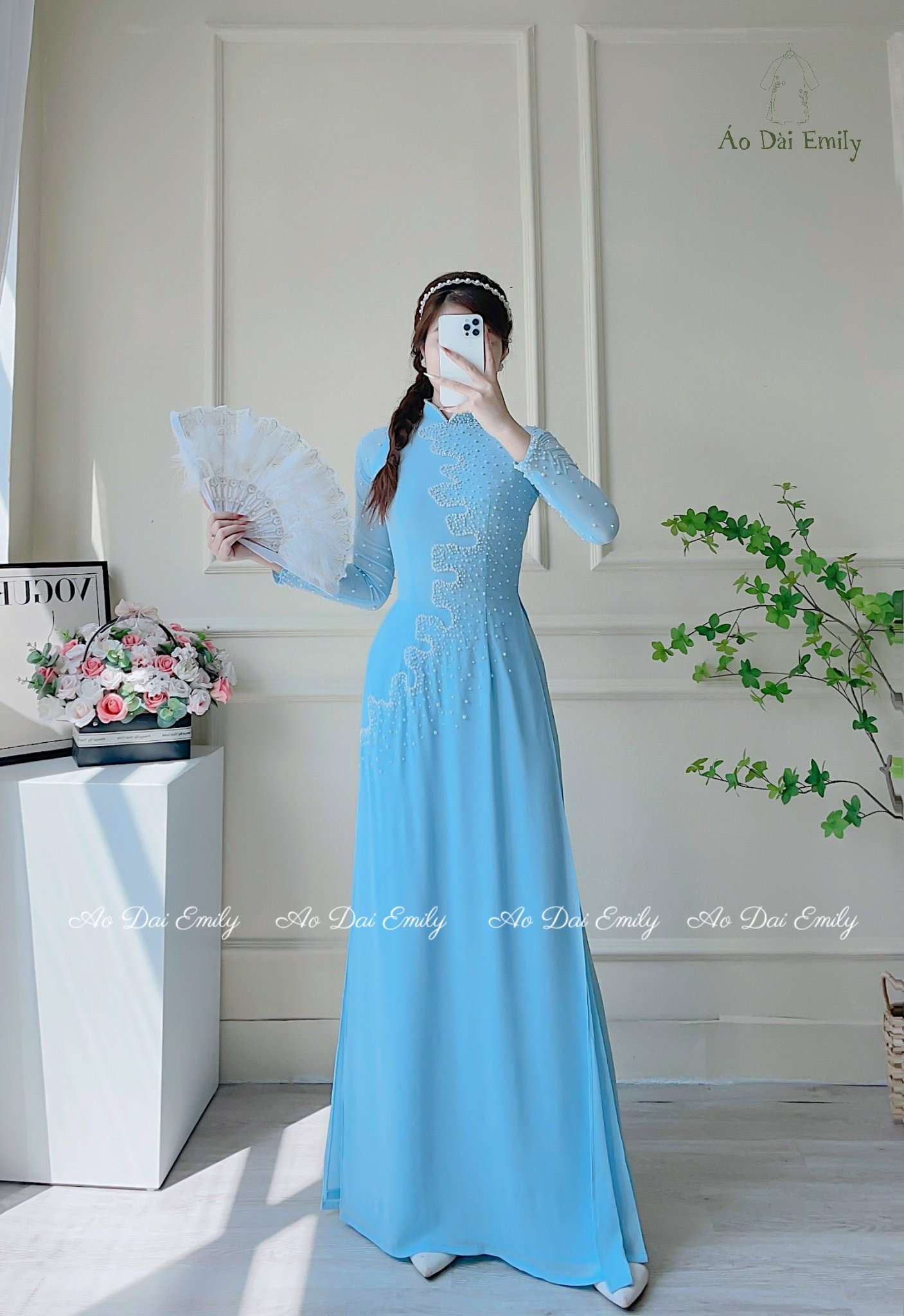 Plain Baby Blue Ao Dai Set With Designed Crystals and Pearls