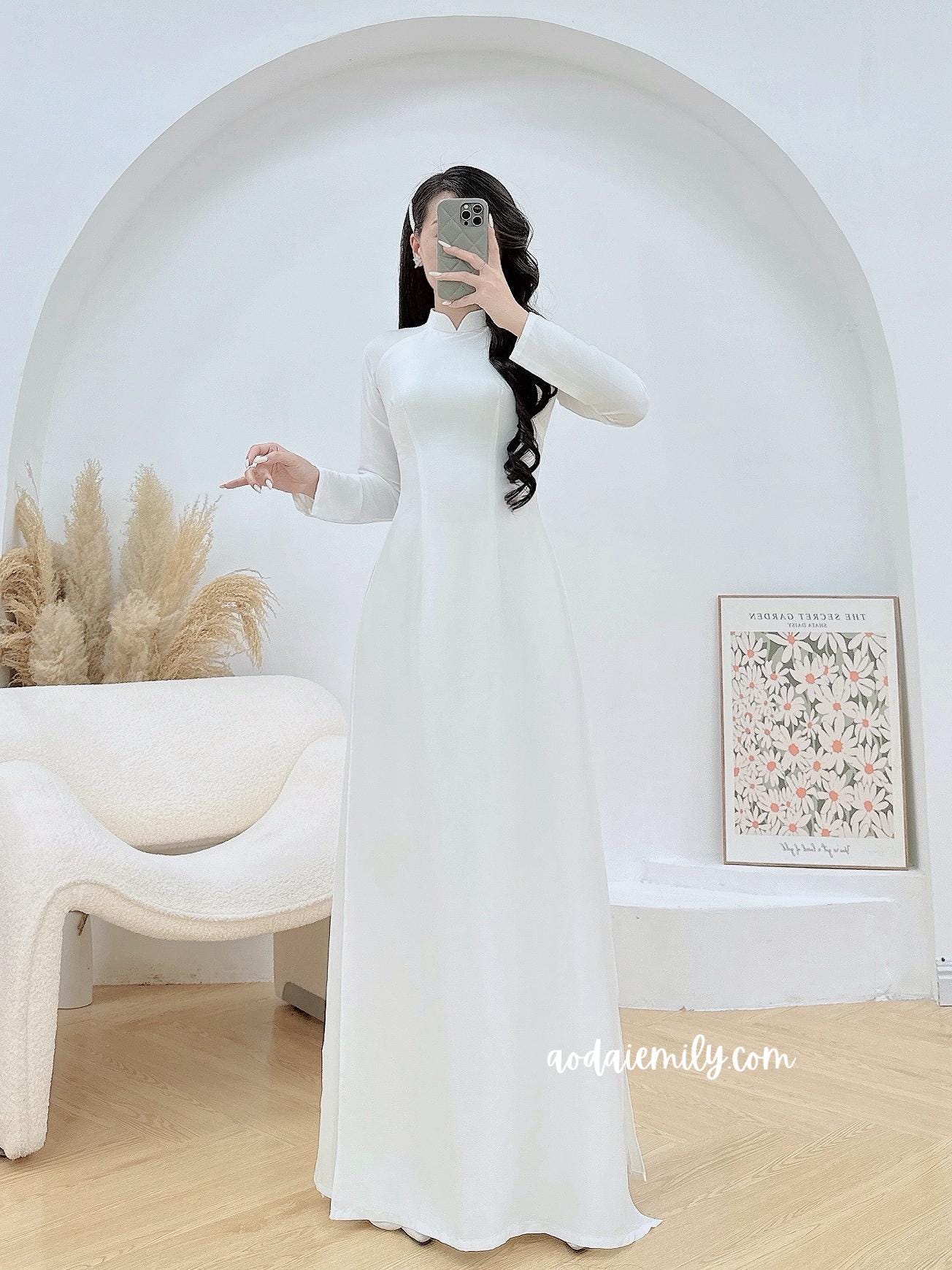Plain White Double layers Ao Dai| Pre-made Vietnamese Long Dress | Plain White color | No pants| Uniform Ao Dai| S-6XL Plain White Double layers Ao Dai| Pre-made Vietnamese Long Dress | Plain White color | No pants| Uniform Ao Dai| S-6XL