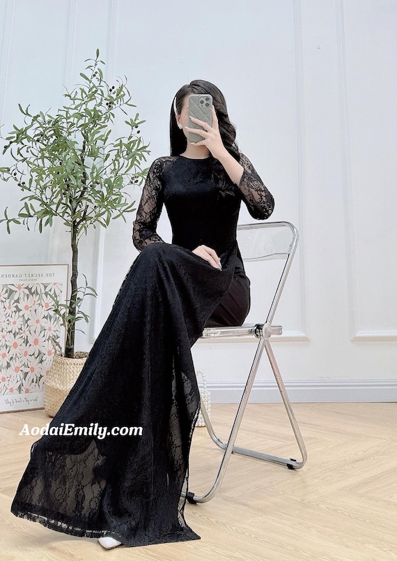Black Lace o di | Round collar| Ao dai women| Vietnamese long dress| No pants| S-8XL Black Lace o di | Round collar| Ao dai women| Vietnamese long dress| No pants| S-8XL