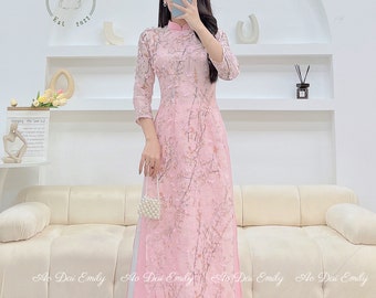 Ao Dai Vải Tơ Xước Hoa đào 3d|pink | Pre Made Ao Dai Viet