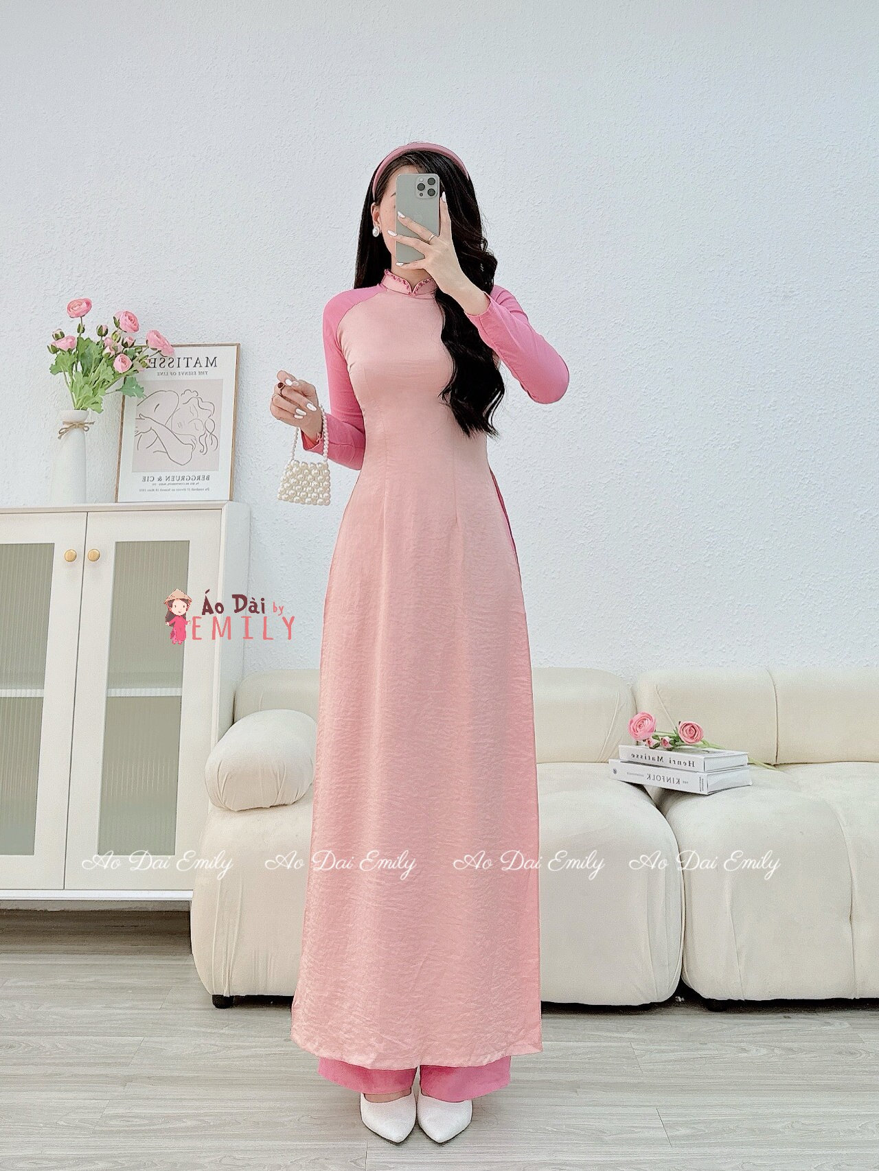 Pink plain color ao dai| áo dài lụa with crystals | Traditional ao dai Vietnam| Vietnamese long dress| | with pants| NN012