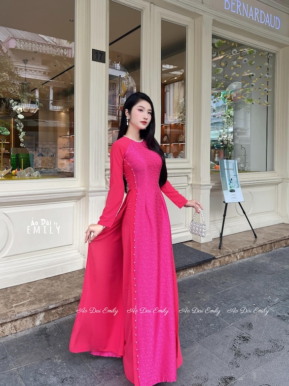 Hot Pink Gm Ao Dai Set | o Di Gm With Pearls| Vietnamese Long Dress|  Traditional Women Dress | o Di With Pants| NN053 - Etsy