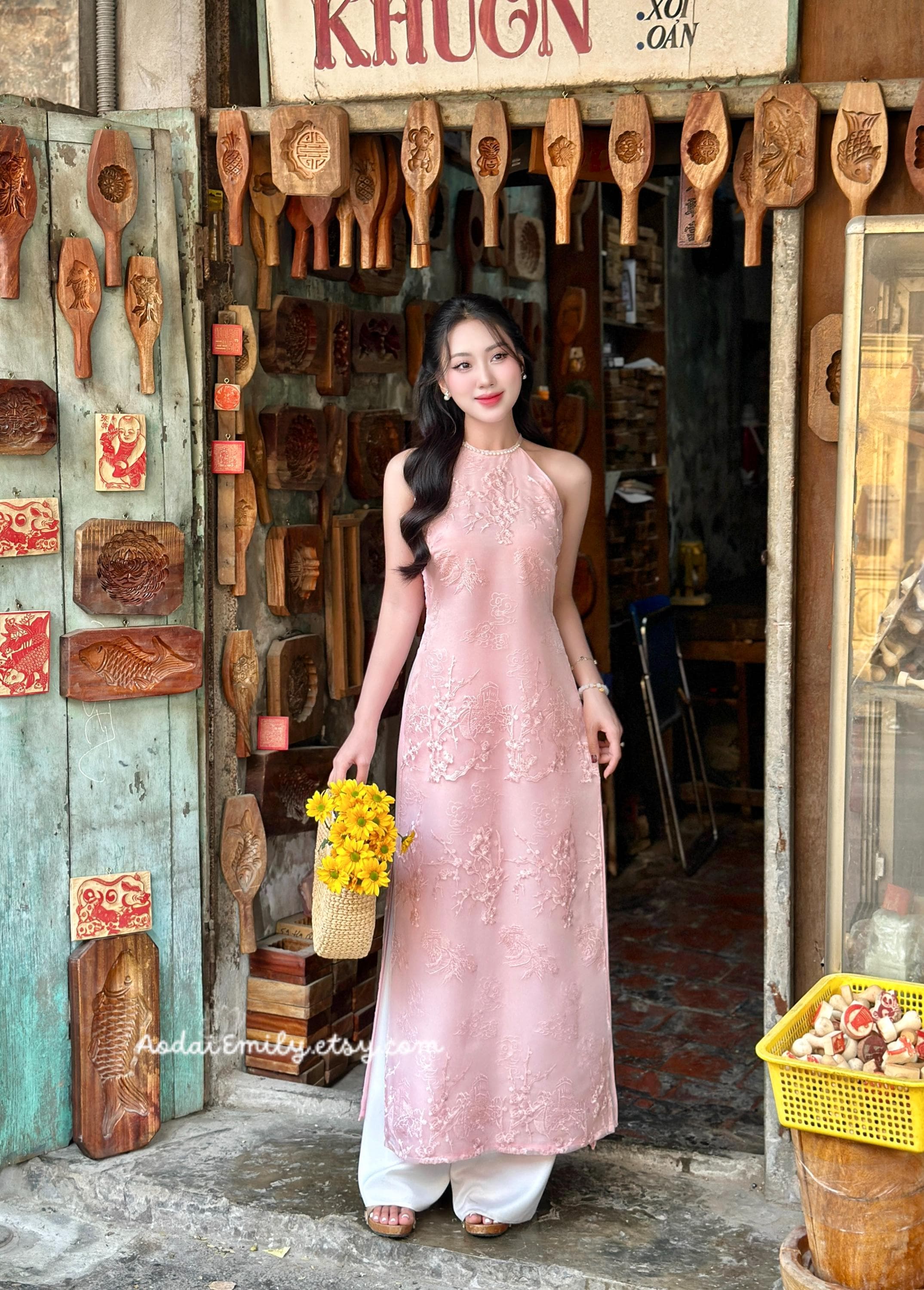 JULIA Sleeveless Pink Sakura patterns embroidery Pre made ao dai with pearls|  | Ao dai yếm Women| No pants