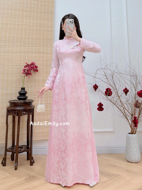 Cotton candy Pink Ao Dai Gấm set with embroidery | áo dài gấm | Vietnamese long dress|Women dress