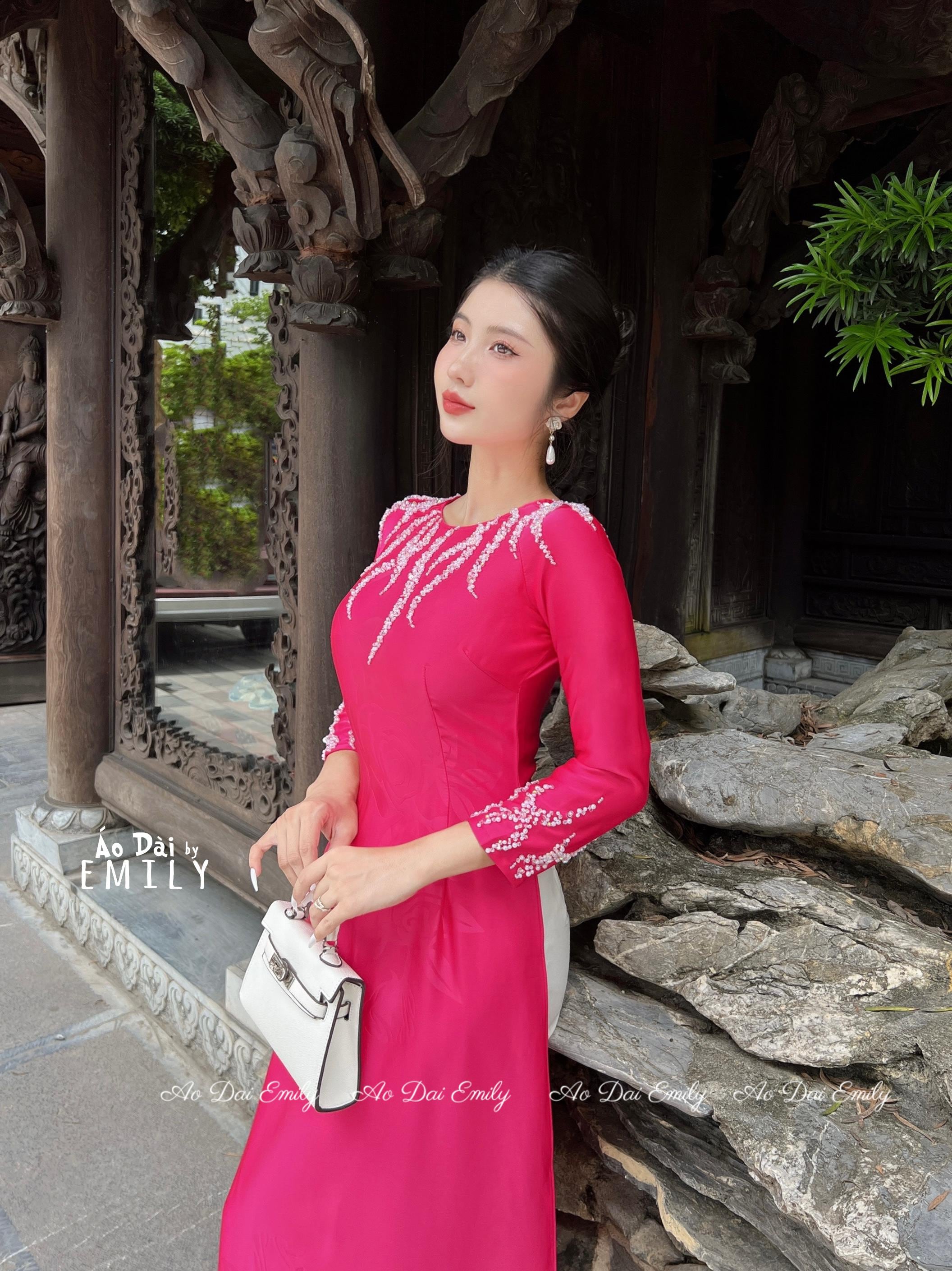 Fuchsia Ao Dai With Designed Crystals Rhinestones| áo Dài