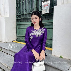 Simple Purple ao dai with Pearls| áo dài Vietnam| No pants| Ao dai women| uniform ao dai| NN056