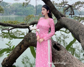 Truc Xuan Ao Dài Lụa Gấm| Yellow/light Peach Pre Made Ao Dai Truc Xuan Ao Dài Lụa Gấm| Yellow/light Peach Pre Made Ao Dai