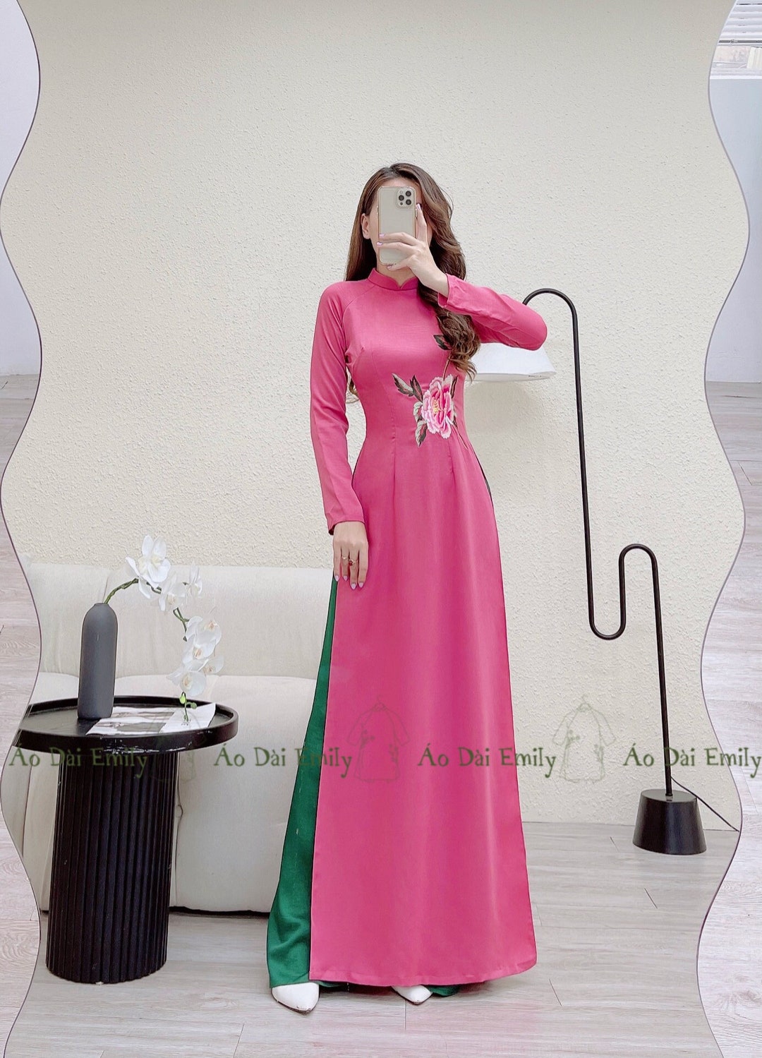 Ao Dai Lua Tay Thi Theu Dark Pink Embroidery Flowers Ao Dai Vietnam