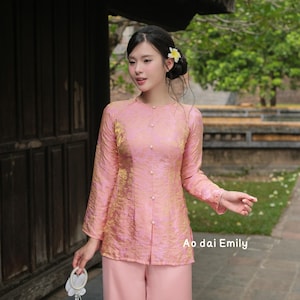 Patrones de rosa rosa/oro Ao Ba Ba / Vietnamita Ao Ba Ba Set/ Con pantalones/ Pre hecho Ao Ba Ba / S-3XL/ Belleza de primavera