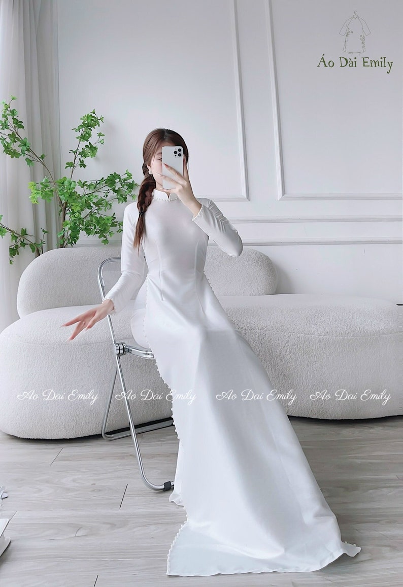 Plain white ao dai with pearls Lụa vân gỗ áo dài Pre made ao ai for bridesmaids Plain long dress Wedding day checklist No pants image 1