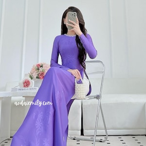ANGIE Purple ao dai with simple crystals| áo dài Vietnam| Ao dai women| uniform ao dai| No pants| 4D silk| S-6XL