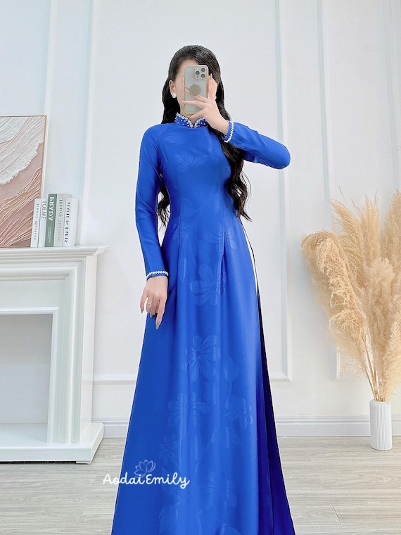 Sapphire Blue ao dai with simple crystals rhinestones| o di Vietnam| ao dai women| uniform ao dai| No pants| 4D silk| CQ049