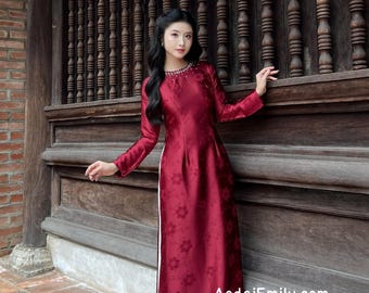 Burgundy Ao Dai Gấm with crystals round collar | Flower patterns| áo dài gấm | traditional Women dress | No pants| S-6XL|
