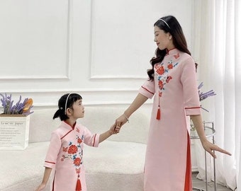 Matching Mom & Daughter Red/ Pink Springs Flowers Ao Dai set| Ao Dai| Pants included| Long dress for Lunar new year 2024