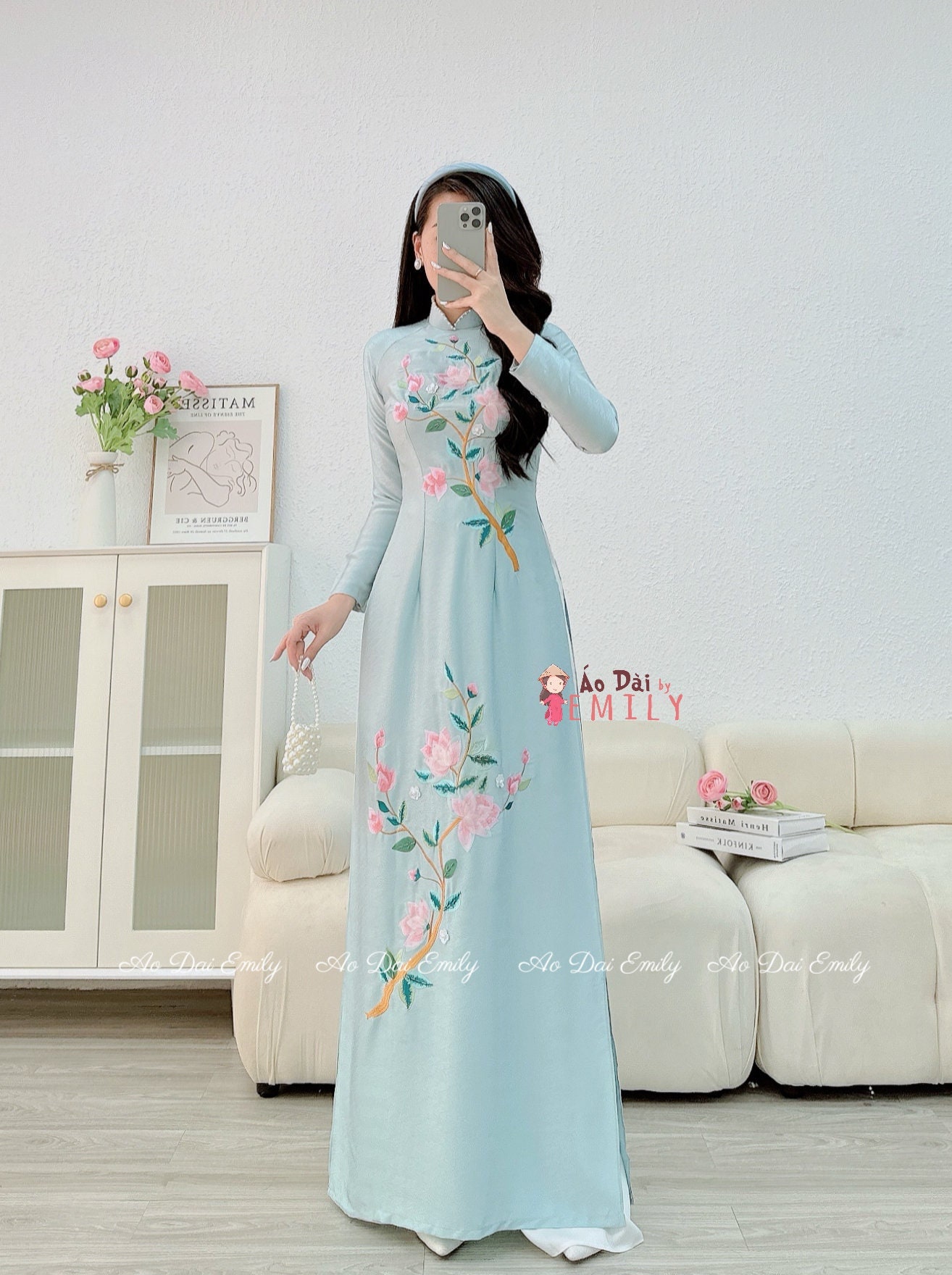 [No137]ベトナムアオザイ(Áo dài Việt Nam) Lụa Kết Hoa| Mint 3D Flowers With Embroidery & Crystals| Pre