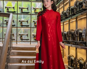 Dark red/Black Modern loosing ao dai with flowers pattern| With Black pants| Ao dai Cach tan| Trendy Ao dai| S-6XL| Daylily
