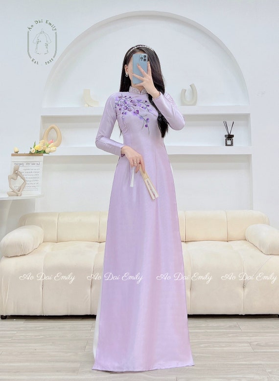 Ao Dai L a Van G Theu Hoa With Crystals Pre Made Embroidery Ao Dai Vietnamese Long Dress Ao Dai for Special Eventpurple No Pants Etsy