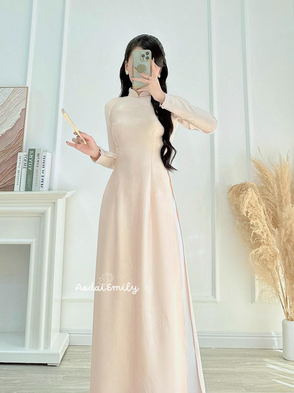 Nude Ao Dai With Simple Crystals Rhinestones| áo Dài Vietnam| Ao 