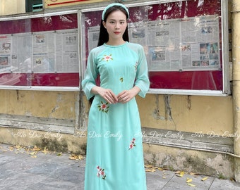 Conjunto de Ao dai con flores bordadas de menta de doble capa prefabricadas// Ao dai para damas de honor/Vestido largo vietnamita/Con pantalones