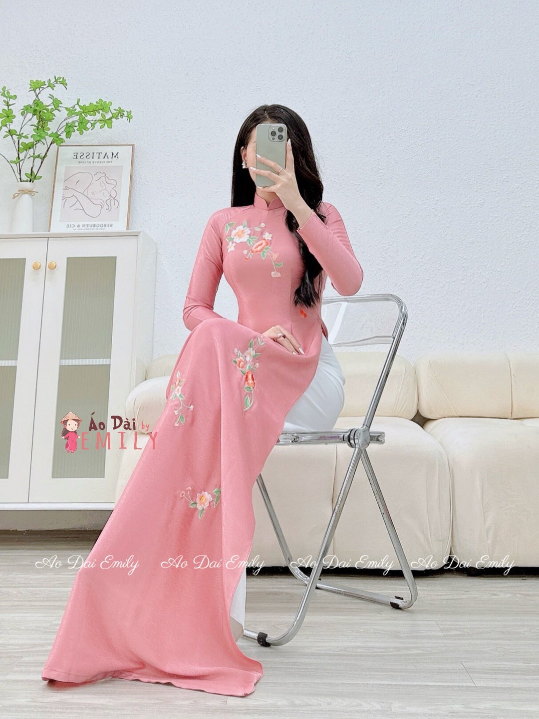 Dark Pink Embroidery Ao Dai áo Dài Lụa Thêu Hoa Vietnamese Long