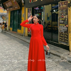 Designed pearl Double layer Red chiffon Ao Dai Set | Pre-made Vietnamese Long Dress | Pants included| Ao dai Viet Nam