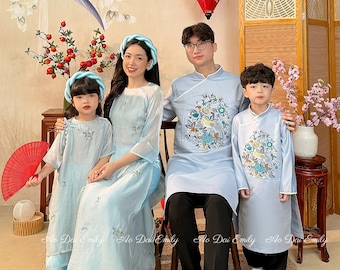 Matching Family Spring Birds Ao Dai Set| Pre-made Ao Dai for Lunar New Year 2025| Ao Dai Gia Dinh Tet| Light blue embroidery Ao dai