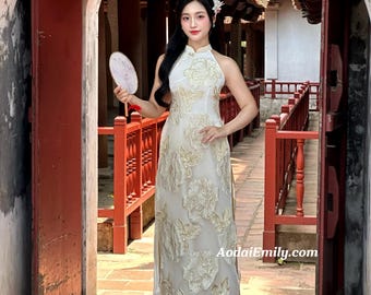 Cream/ Gold double layers sleeveless modern ao dai with roses| áo dài Yem | With gold pants| Ao dai women| S-6XL|Addax