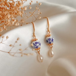 BELLA (Blue Porcelain 24k gold silver Dainty and Elegant Blue and White Drop Dangle Earrings, Pearl Earrings, Gold Earrings)