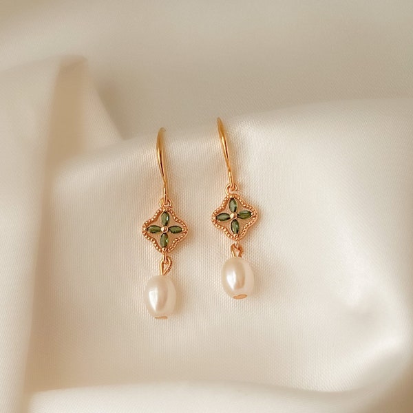 CLARA (Cubic Zirconia 24k gold  Dainty and Elegant Drop Dangle Pearl Earrings, Pearl Earrings, Gold Earrings)