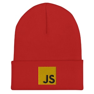 May include: Red knit beanie with a yellow square patch that says "JS" in black.