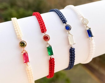 Handmade Macramé Gemstone Bracelet – Adjustable Friendship & Couple Bracelet | Birthstone Style | Red, Navy, Cream, White