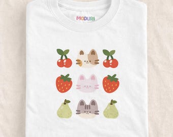 Kawaii Fruit Cat T-Shirt – Cherry, Strawberry & Pear Cats | Moduri Original Art Tee