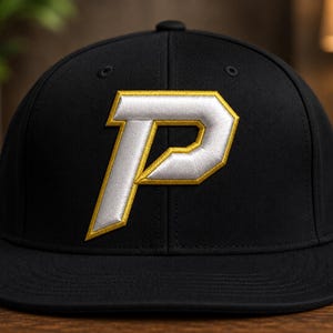 Op de afbeelding: Een zwarte baseballpet met een grote, geborduurde letter P op de voorzijde. De letter P is zilverkleurig met een dikke gouden rand, wat zorgt voor een opvallende, verhoogde uitstraling op de zwarte stof van de gestructureerde pet.