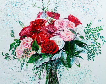 May include: A bouquet of red, pink, and white roses with green foliage, painted in a watercolor style on a white background with blue and pink splatter paint.