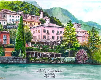Wedding Venue Portrait + Landscape, Villa, Hotel, Manor, Castle, Watercolor Architecture Illustration, Custom Hand Drawn Painting from Photo