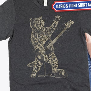 T-shirt chat rockstar bassiste | T-shirt animal drôle | Cadeaux pour guitariste | T-shirts à bascule | Idée cadeau papa rock | Bassiste | Chemises de groupe